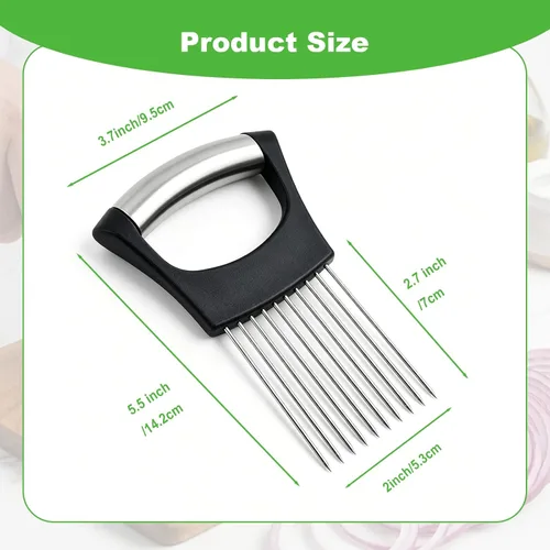 Vista 6 de Soporte para rebanadas de cebolla, soporte de cebolla de acero inoxidable para rebanar con funda protectora, herramienta auxiliar para cortar carne