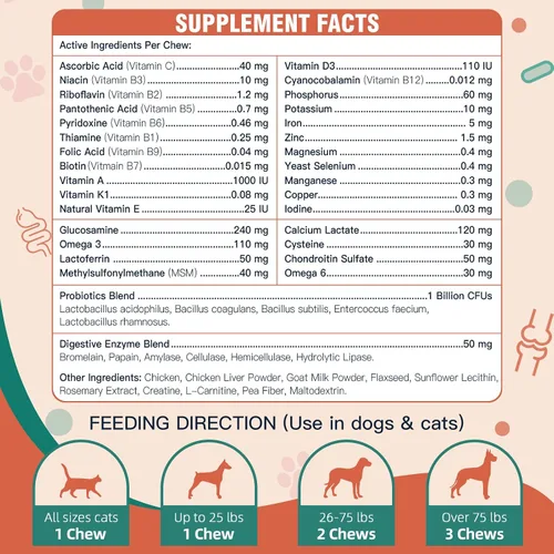 Vista 4 de Multivitamínico para perros, vitaminas y suplementos para perros, multivitamínico para perros con glucosamina, probióticos y Omega 3