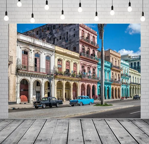 Vista 2 de BELECO Telón de fondo de tela de 5 x 3 pies para la calle de Cuba Ciudad Latinoamericana Vieja Habana Centro Calle Colorido Fondo de Casa Cuba