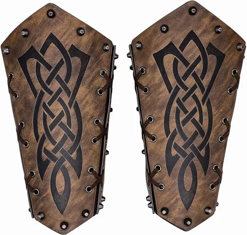 Vista 2 de Brazaletes vikingos de cuero sintético, muñequera de guantelete de cuero, brazaletes medievales, armadura de brazo, caballero LARP, 2 piezas