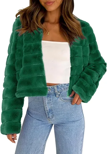 Vista 10 de Allegra K Abrigo chaqueta de piel sintética para mujer de manga larga recortado esponjoso sin cuello casual cálido de invierno ropa exterior