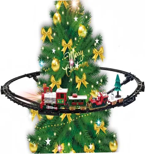 Vista 4 de Juego de tren de árbol de Navidad con luz y sonido colgante de tren de Navidad con locomotora trineo de carro y pistas para niños árbol de regalos .