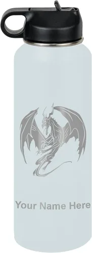 Vista 15 de LaserGram Botella de agua con tapa abatible de doble pared de 12 onzas con pajilla, dragón, grabado personalizado incluido (negro)