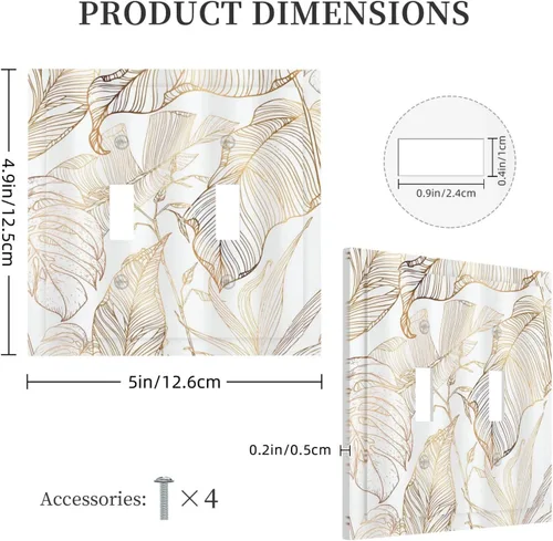 Vista 5 de Placa de pared decorativa con hojas de palmera tropicales de oro blanco, hoja de plátano, doble interruptor de luz de palanca decorativa, placa