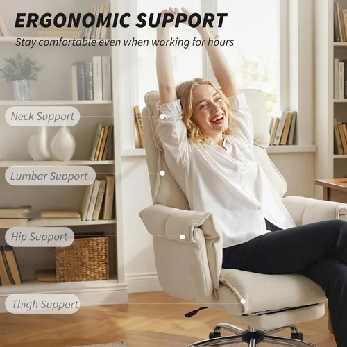 Vista 5 de HOMCOM Silla de escritorio cómoda reclinable con reposapiés, asiento extra Blanco crema