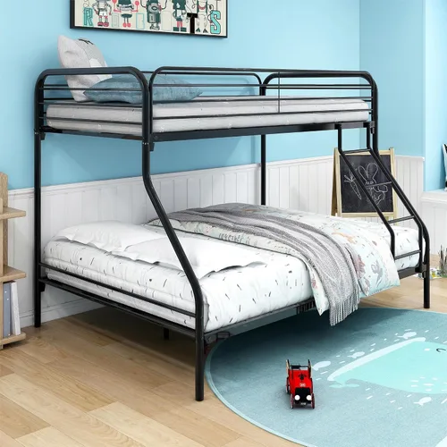 Vista 3 de Anwick Literas de tamaño individual sobre matrimonial con escaleras, literas de metal de perfil bajo con riel para niños, adolescentes y adultos