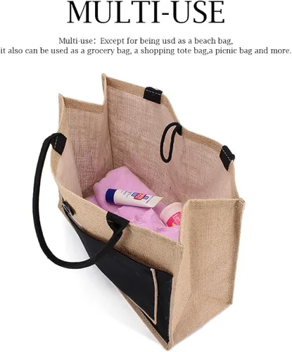 Vista 6 de TANOSII Bolsa de playa de paja para mujer, bolsa de yute tejida a mano