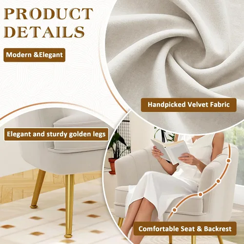 Vista 7 de Silla de acento de terciopelo Andeworld, silla de sofá individual moderna tapizada, sillón de club barrel cómodo para sala de estar con patas