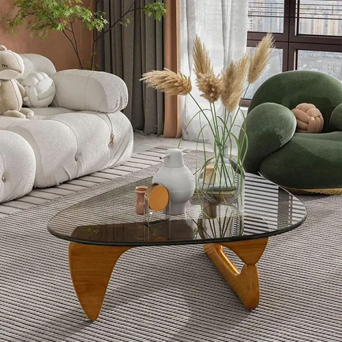 Vista 7 de Mesa de Centro Triangular con Base de Madera, Superficie de Vidrio Transparente, Mesa de Vidrio de Mediados de Siglo, Mesa Auxiliar Abstracta