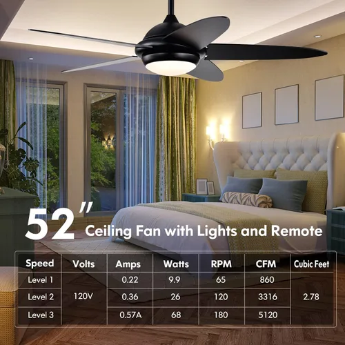 Vista 2 de GOFLAME Ventilador de techo de 52 pulgadas con luces, ventilador de techo reversible moderno con 3 velocidades de viento, control remoto