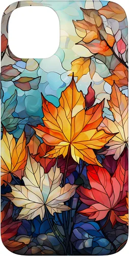 Vista 14 de iPhone 15 Otoño hojas de arce vitrales estilo abstracto caso