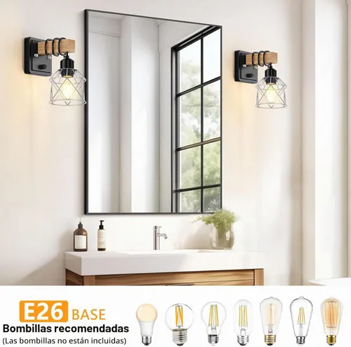 Vista 5 de FadimiKoo Juego de 2 apliques de pared, lámparas de pared de madera de cabecera con interruptor giratorio, lámpara de tocador de baño negra