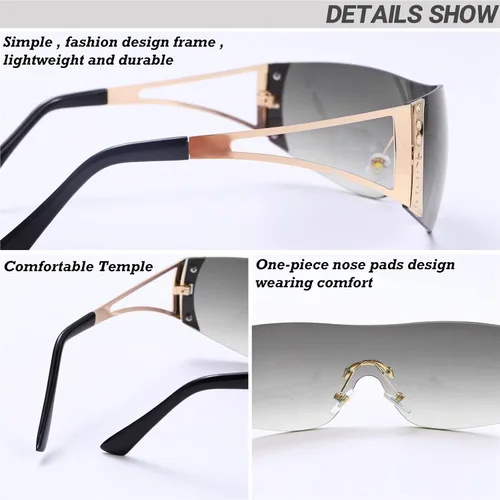 Vista 5 de NLORNLAW - Gafas de sol Y2K envolventes para mujeres y hombres, gafas de sol con parte superior plana, gafas de sol futuristas sin marco con lentes