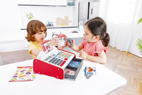 Vista 4 de Hape Caja registradora Beep 'n' Buy Caja registradora de juguete de juego de rol para niños, para niños a partir de 3 años