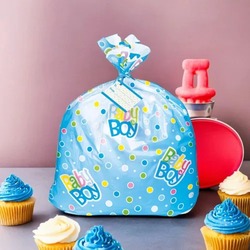 Vista 3 de Bolsa de regalo extragrande con lunares azules para baby shower, 44 x 36 pulgadas (1 unidad), ideal para grandes regalos y paquetes.
