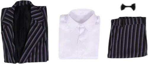 Vista 4 de Disfraz de Gomez Addams para adultos, traje negro, camisa y pantalones, conjunto completo con peluca para Halloween y cosplay