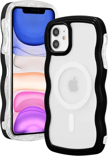 Vista 9 de ZCDAYE Funda magnética para iPhone 11, bonita funda con marco de ondas rizadas compatible con carga inalámbrica, funda protectora transparente