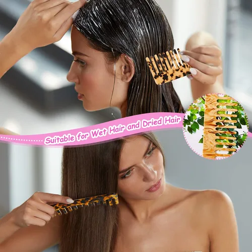 Vista 7 de Geiserailie Peine desenredante de pelo grande, diseño de tortuga con dientes anchos, bolsillo antiestático, sin mango, peine desenredante