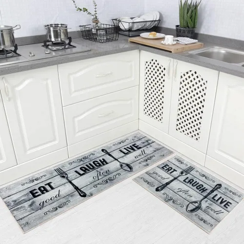 Vista 9 de Juego de 2 alfombras de cocina de 17 x 48 pulgadas + 17 x 24 pulgadas, tapetes antideslizantes lavables para suelo de cocina, 2 tapetes cómodos