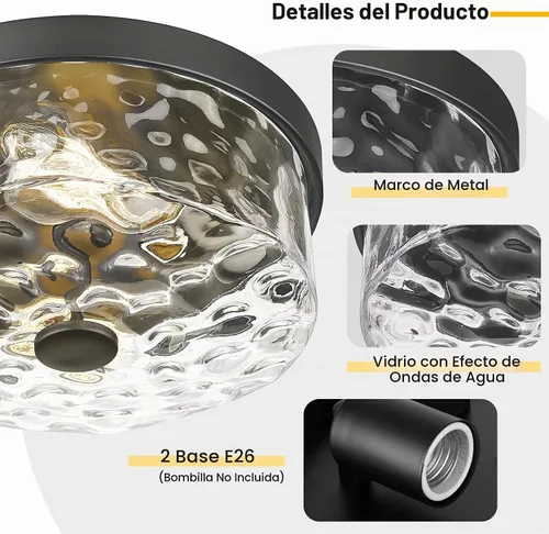 Vista 3 de Lámpara de techo empotrada con pantalla de vidrio ondulado de agua, moderna iluminación de techo de 2 luces para cocina, sala de estar, porche Negro