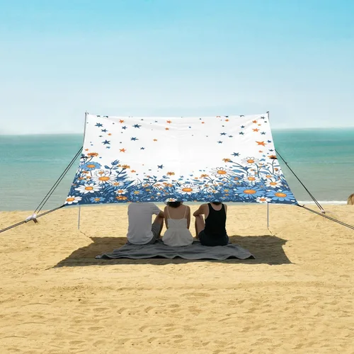 Vista 5 de Colorido diseño floral floral UPF50+ toldo de playa plegable impermeable portátil refugio solar con sacos de arena y pala para patio trasero