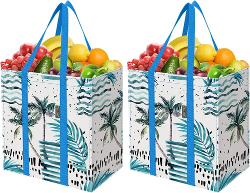Vista 13 de BALEINE Paquete de 2 bolsas de comestibles reutilizables con parte inferior reforzada, bolsas plegables resistentes (follaje antiguo)
