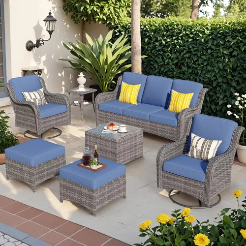 Vista 33 de Juego de muebles de exterior para patio, silla y sofá (ratán marrón, beige, 3 piezas)