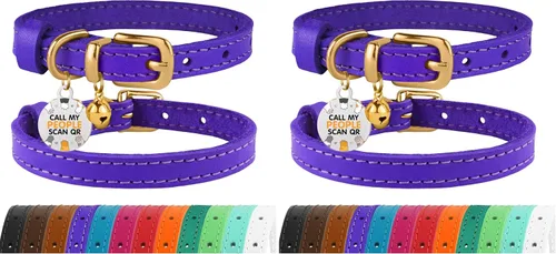 Vista 31 de BRONZEDOG Collar de cuero para gato con campanas extraíbles sin liberación rápida, etiqueta QR para gatito para niña y niño
