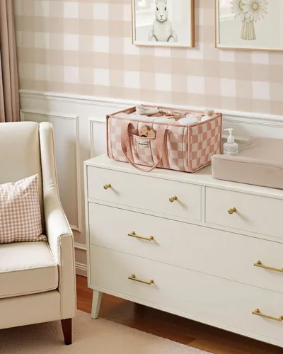 Vista 5 de Blissful Diary Organizador de pañales a cuadros, elegante cesta de almacenamiento para guardería, regalo para baby shower, artículos esenciales