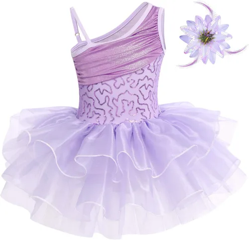 Vista 3 de IDOPIP Vestido de ballet con volantes y falda tutú para niñas pequeñas, con lentejuelas y flores, de 3 a 10 años