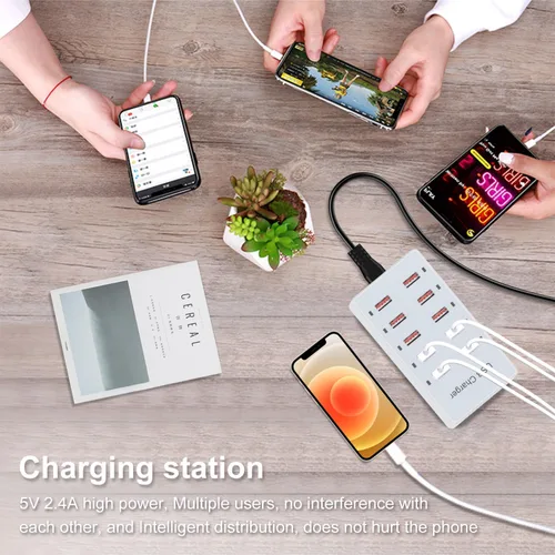 Vista 5 de Cargador USB de 10 puertos estación de carga para múltiples dispositivos, cargador de pared USB, tira de concentrador de alimentación, enchufe
