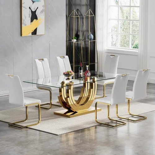 Vista 13 de Juego de mesa de comedor de cristal dorado moderno de 70 pulgadas para 4, juego de mesa rectangular de 5 piezas con base de acero en forma de anillo