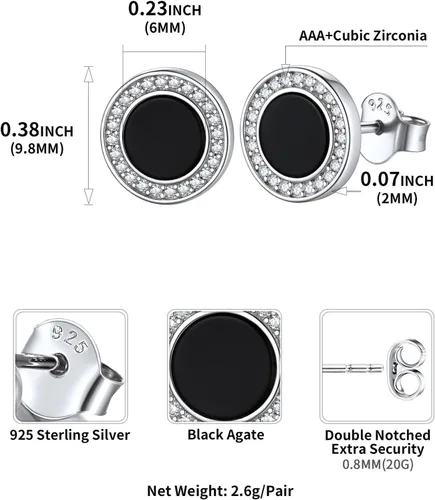 Vista 5 de ChicSilver Pendientes de tuerca de plata de ley 925 con runa vikinga de ónix negro natural para mujeres y hombres