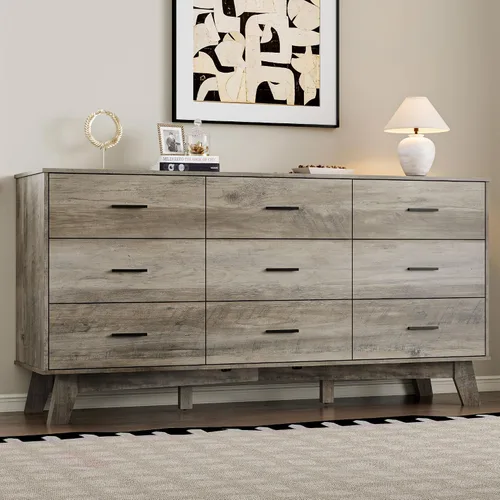 Vista 8 de BORNOON Cómoda para dormitorio con 9 cajones, cómoda moderna de 59 pulgadas de ancho con manijas de metal, base en forma de X y pata central