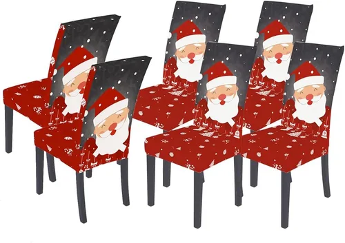 Vista 23 de XMNTG Juego de 6 fundas para sillas de Navidad, con estampado de ciervos, decoración de Navidad, fundas extraíbles para sillas antideslizantes Negro