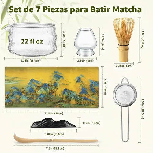 Vista 6 de OUTXE Juego de batidor de matcha, 7 piezas de kit de matcha para ceremonia, con cuenco transparente de matcha, boquilla, batidor y soporte de bambú