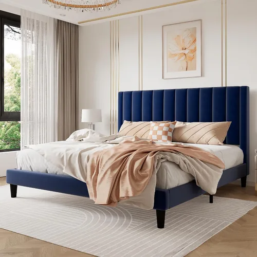 Vista 19 de SHA CERLIN Marco de cama individual con plataforma tapizada de terciopelo con cabecero, soporte de listones de madera resistente, base de colchón