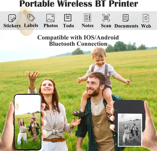 Vista 6 de Mini Impresora Térmica de Pegatinas sin Tinta con 14 Rollos de Papel, Compatible con iPhone/Teléfono Android/Tableta, Mini Impresora de Bolsillo