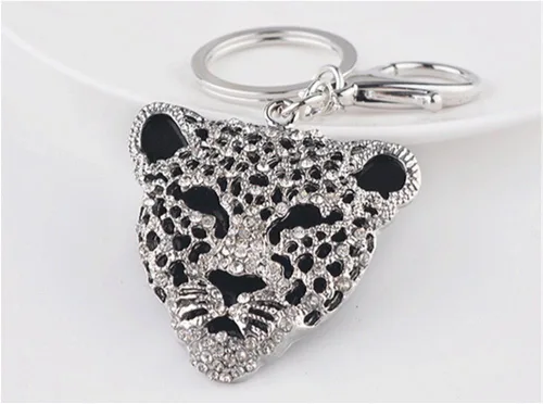 Vista 3 de JewelBeauty Llavero de cabeza de jaguar de leopardo de cristal de moda, bolso de mano, llavero para coche, colgante de decoración, bolsa de regalo