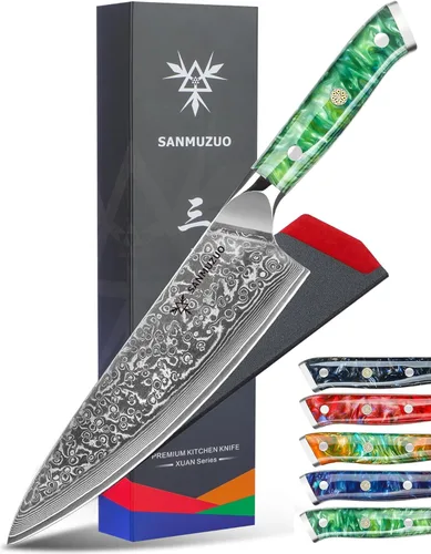 Vista 6 de Cuchillo de chef de 8 pulgadas, serie Xuan, VG10, cuchillo de cocina de acero Damasco, mango de resina (naranja fantasía)