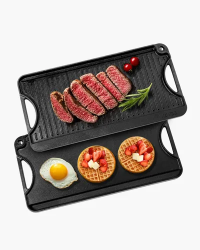 Vista 11 de VEVOR Parrilla/plancha reversible, plancha de hierro fundido pre-sazonada de 14 x 8.5 pulgadas, sartén rectangular portátil con asa, utensilios