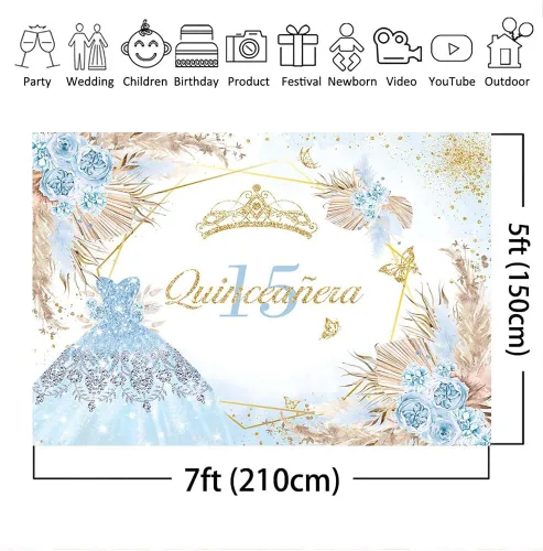 Vista 4 de Mocsicka Quinceanera - Telón de fondo de cumpleaños número 15, para mujeres y niñas, bohemio, elegante, flores rosadas, fondo de vinilo bohemio, Azul