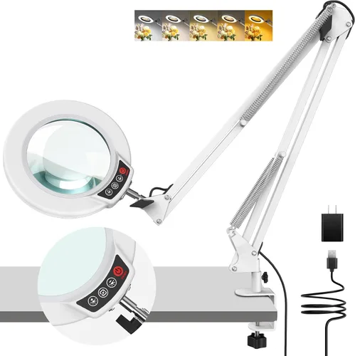 Vista 14 de Coyeth lupa de 10 aumentos con luz y abrazadera, lupa iluminada con soporte de vidrio real, lámpara de escritorio LED regulable sin escalones con 5