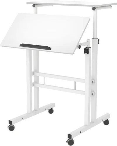 Vista 12 de DlandHome Escritorio móvil de pie con ruedas, escritorio de computadora para sentarse, escritorio de pie ajustable de 23.6 pulgadas, mesa