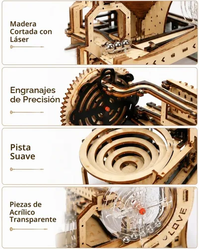 Vista 3 de Rompecabezas de madera 3D para adultos, kit eléctrico de modelo de carrera de canicas con embudo en espiral, movimiento impulsado por engranajes