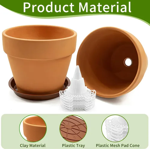 Vista 3 de Paquete de 6 macetas de terracota y arcilla de 6 pulgadas con platillo para plantas, macetas de arcilla transpirable, maceta de terracota