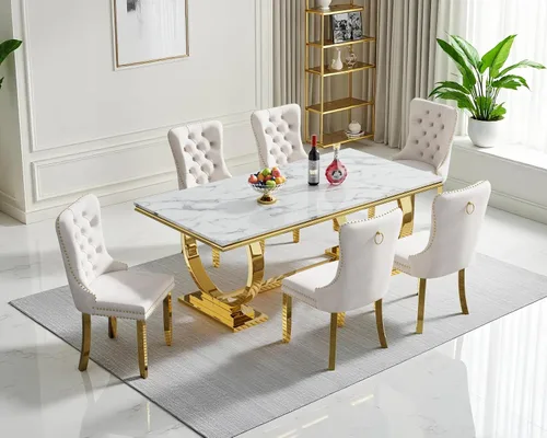 Vista 12 de Juego de mesa de comedor de mármol para 4, mesa de cocina rectangular de mármol blanco de 70 pulgadas con base en O de acero inoxidable dorado