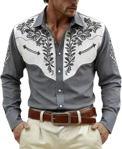Vista 6 de Camisas occidentales para hombre, manga larga, con solapa bordada, color negro, vestido de festival para hombres, ropa vaquera, ropa floral