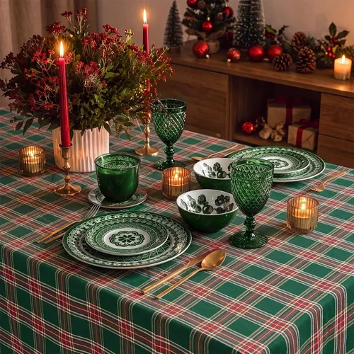 Vista 3 de Softalker Mantel rectangular de Navidad a cuadros, mantel de franela de algodón a cuadros de búfalo verde, decoración de mesa de invierno