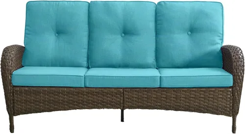 Vista 12 de Sofá de lujo para patio, sofá de mimbre para exteriores con cojines sonrientes de 6 pulgadas, respaldo alto, resistente, cómodo, mimbre marrón